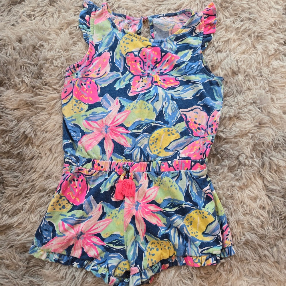 Lilly Pulitzer Girls Mini Donna Romper Floral Citrus Tassel Blue Pink Size 6-7yr